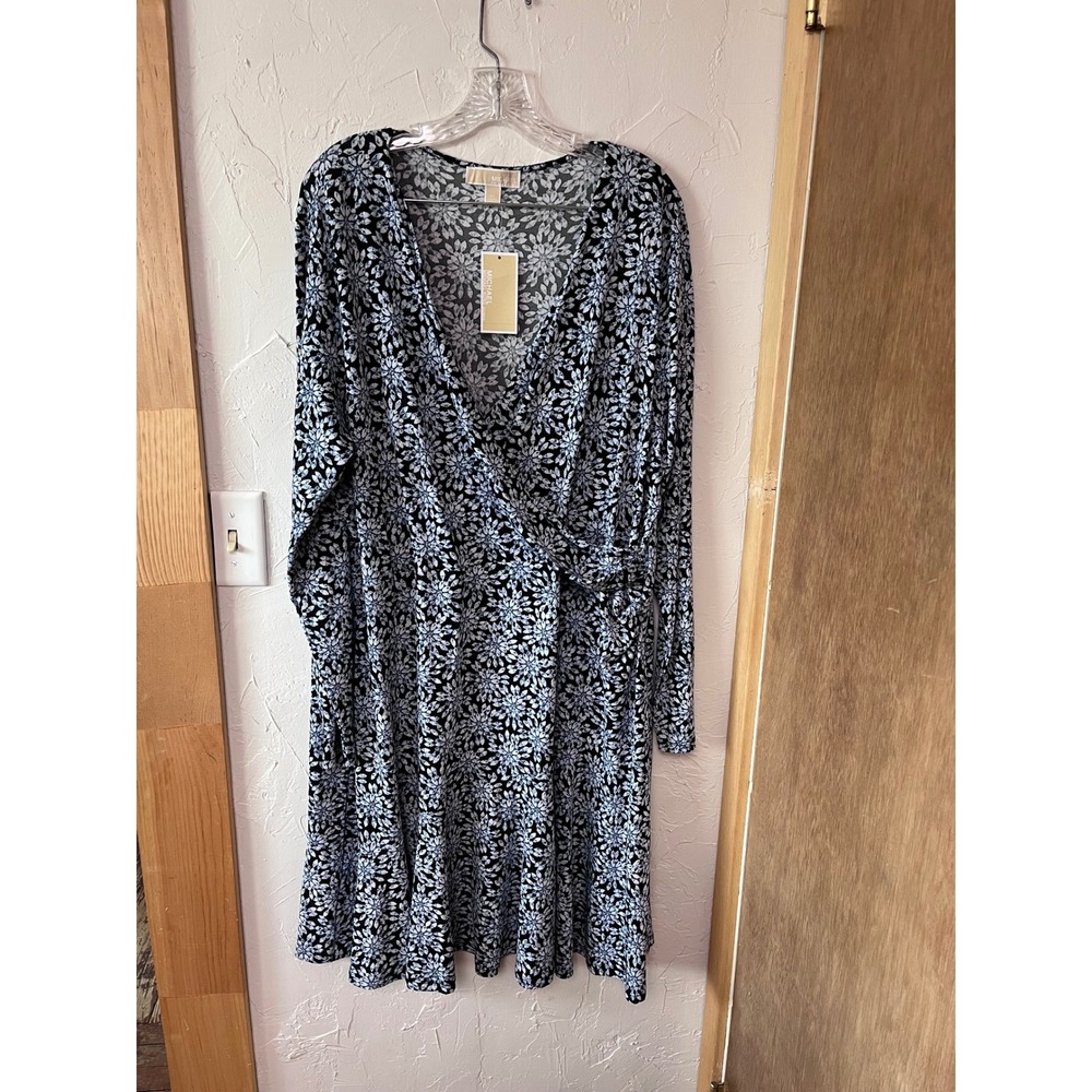 Michael Kors Womens 3X Cloud Black Floral Print Long Sleeve Wrap Dress NWT - Picture 1 of 7